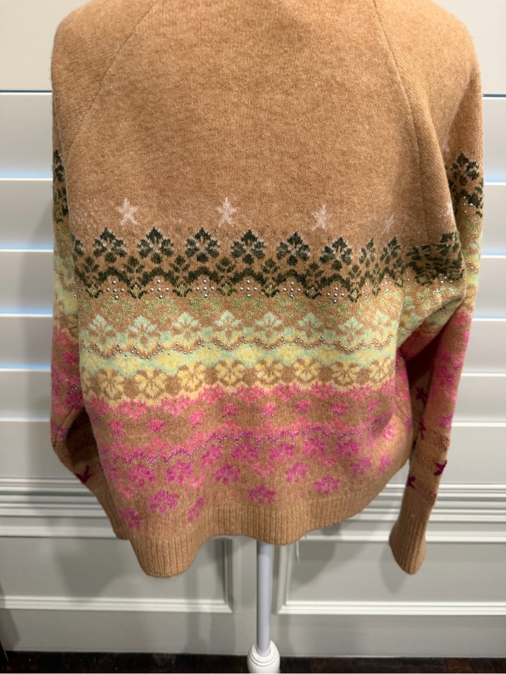 Cinq a Sept Camel Fair Isle Button-Front studded Women's Cardigan Sweater - Picture 2 of 9